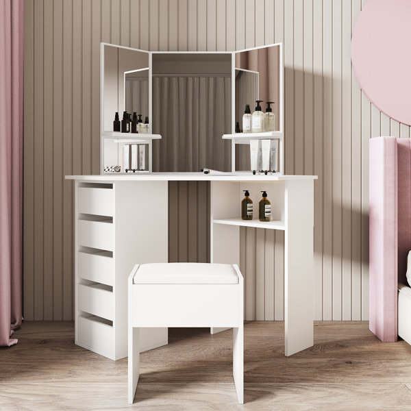 Trule Cormier Corner Makeup Vanity Set With LEDs And Stool & Reviews